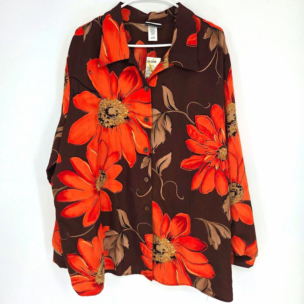 Fashion Bug Womens Plus Floral Collared Long Sleeve Button-Down Blouse 26/28